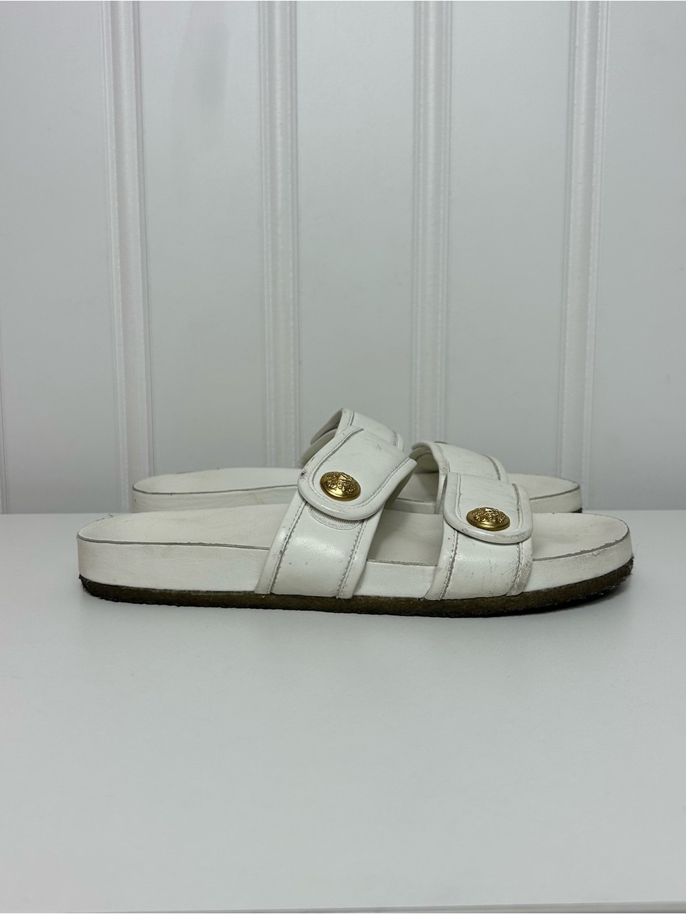 Veronica beard Percey white leather slide sandals double strap gold women’s 8